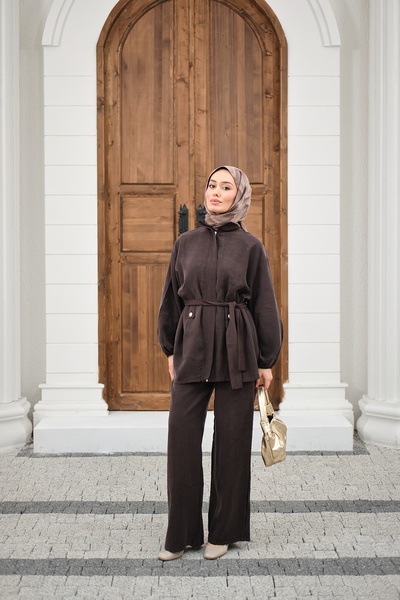 LOCCO Women's Shirt Collar Hidden Zipper Waist Tie Pants Suit Brown