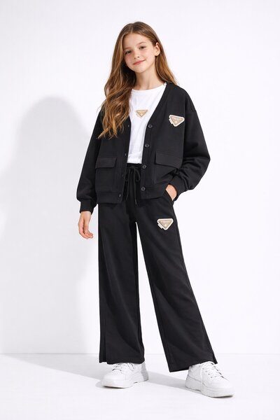 Cansın Mini Black Logo Detailed Buttoned Cardigan Girl's Slit 3-Piece Horse-T...