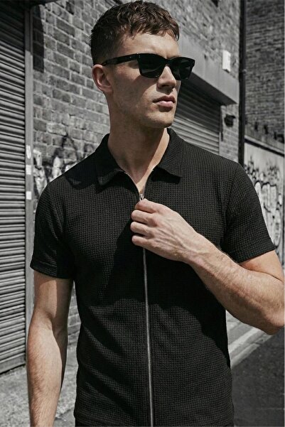 Oksit Qui Zipper Detailed Short Sleeve Textured Knitted Shirt Jacket (Polo Co...