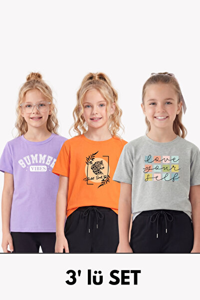 panios kids Pachet de 3 tricouri pentru fete cu mânecă scurtă, cu guler rotun...