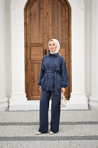 LOCCO Women's Shirt Collar Hidden Zipper Waist Tie Pants Suit Indigo Blue