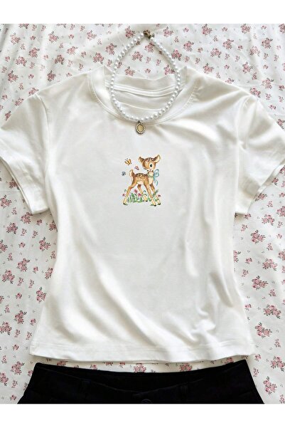 Velostra Women's Baby Deer Printed Basic Daily Use Crop T-Shirt