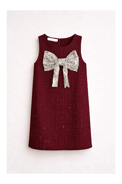 kidstalya فستان من قماش شانيل مع تفاصيل فيونكة لامعة - أحمر داكن