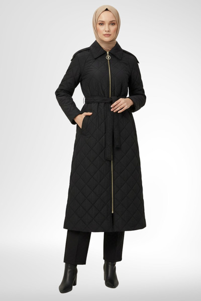 Armine TREND Kabartma Desenli Boydan Fermuarlı Belden Kuşaklı Giy Çık Siyah 2...