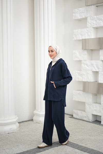 LOCCO Women's Zippered Double Pocket Hooded Pants Set Navy Blue