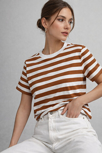Rich Women's Brown Striped Soft Textured Cotton Basic T-Shirt
