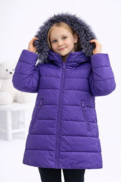 REGOS Kız Çocuk Mor Uzun Şişme Mont Kürk Detaylı Kapüşonlu Kışlık