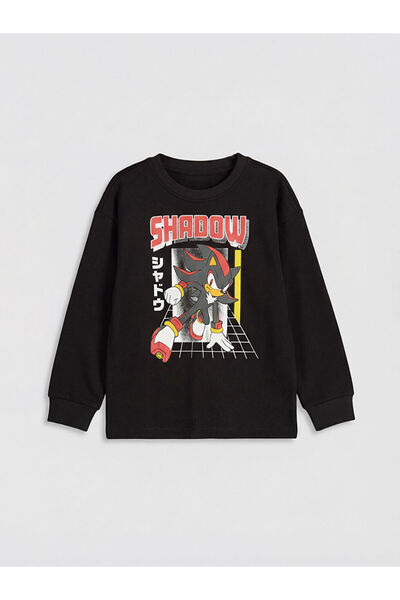 LC Waikiki تي شيرت أسود بأكمام طويلة مطبوع عليه سونيك للأولاد