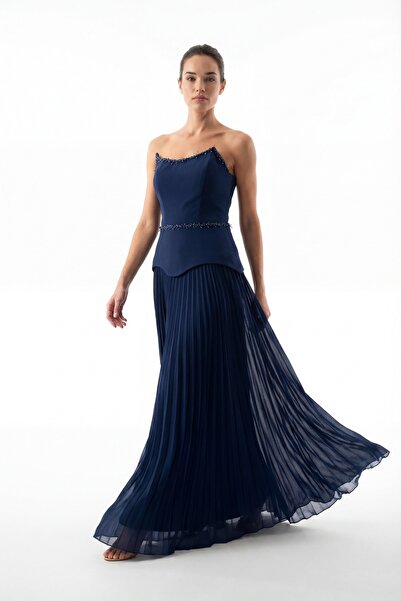 Lafaba Women's Navy Blue Slim Fit Strapless Neckline Rhinestone Pleated Long ...