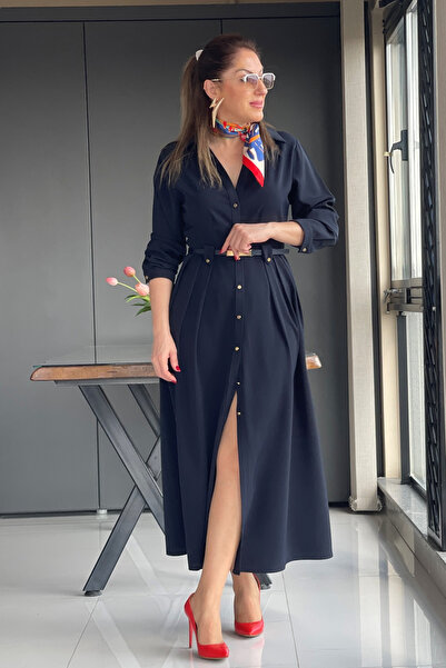 MİSLİNA BUTİK Kemer Detay Düğmeli Lacivert Elbise