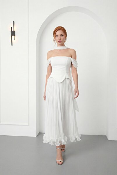 Lafaba Women's White Shawl Collar Skirt with Flounces at the Hem Midi Promise...