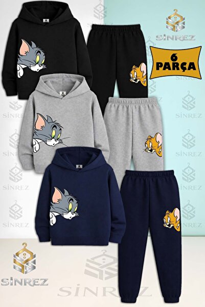 SİNREZ Children's Unisex Tom and Jerry Heads Yanda 3-Piece Hooded Tracksuit Set