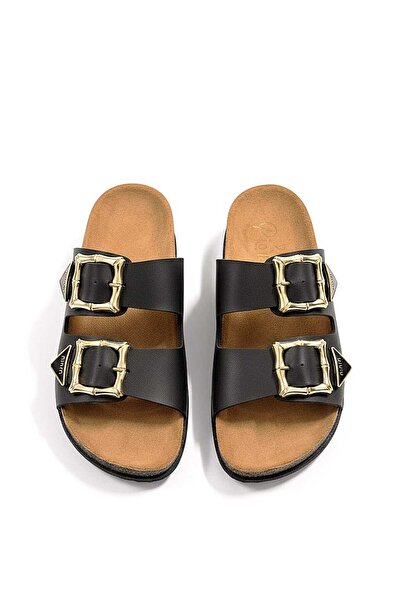 McDark Women's Black Leather Cork Orthopedic Insole Buckle Slippers