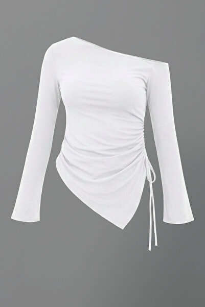 Potenza Women's Blouse One Shoulder Open Asymmetrical Side Gathered Long Slee...