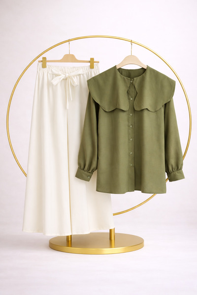 vikitekno Women's Belted Trousers, Baby Collar Shirt, Double Set