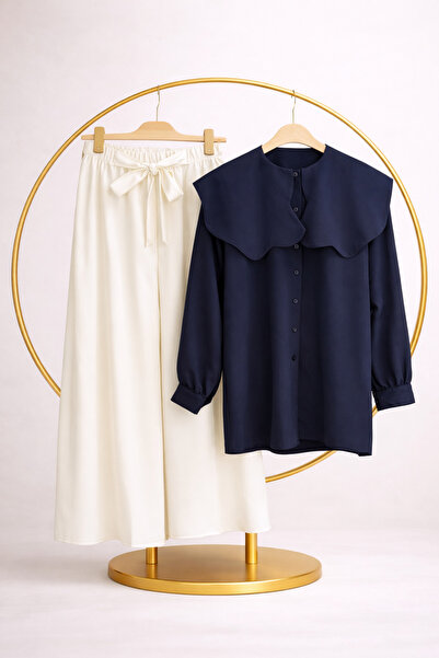 vikitekno Women's Belted Trousers, Baby Collar Shirt, Double Set