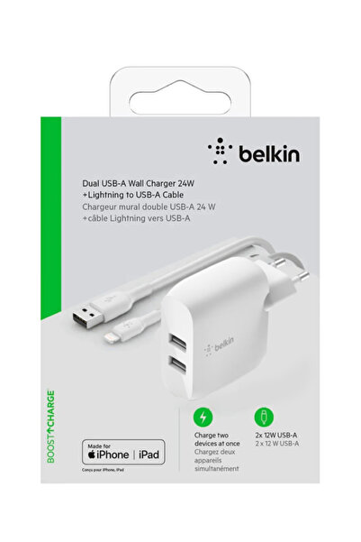 Belkin Încărcător de perete dual USB-A 1m PVC A-LTG 24W Alb