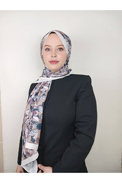 TAMA شال بني أبيض مزين بأوراق الشجر