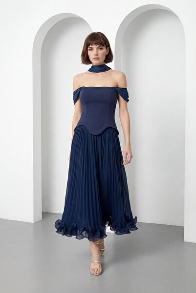 Lafaba Women's Navy Blue Shawl Collar Skirt with Flounces at the Hem Midi Pro...