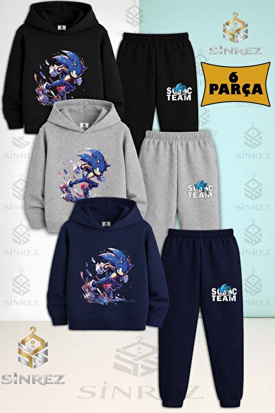 SİNREZ Children's Unisex Sonic Yana Kosan 3-Piece Hooded Tracksuit Set
