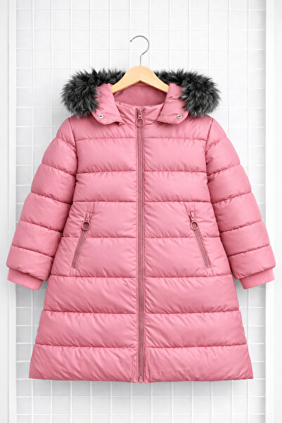 REGOS Kız Çocuk Pembe Uzun Şişme Mont Kürk Detaylı Kapüşonlu Kışlık