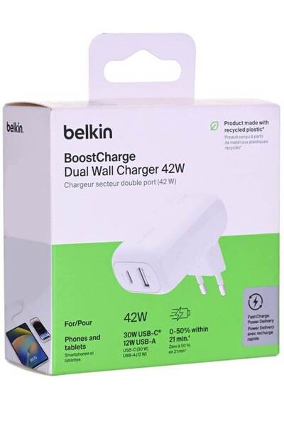 Belkin Încărcător dual de perete cu USB-C PD PPS de 42W și 30W + USB-A de 12W...
