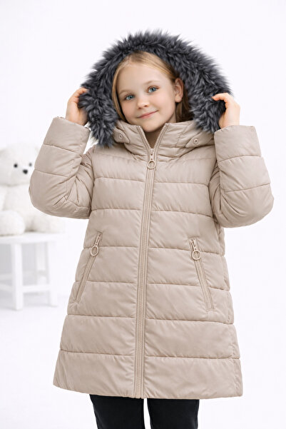 REGOS Kız Çocuk Bej Uzun Şişme Mont Kürk Detaylı Kapüşonlu Kışlık