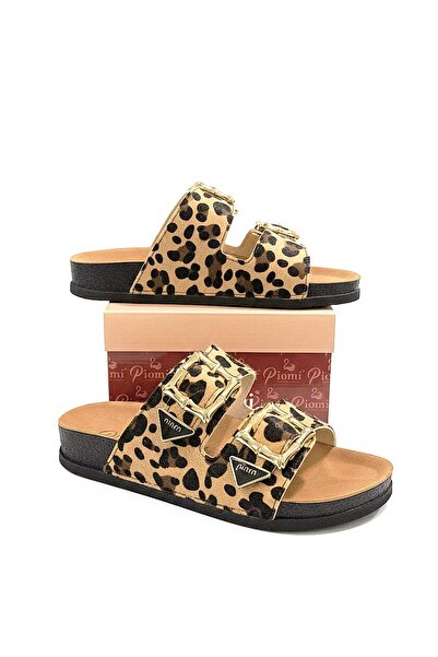 Moda Kadıköy Women's Leopard Material Cork Orthopedic Insole Buckle Slippers