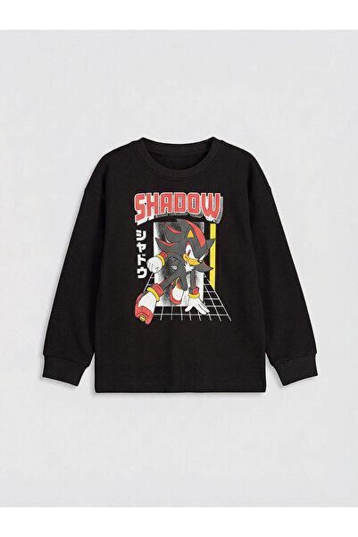 LC Waikiki تي شيرت أسود بأكمام طويلة مطبوع عليه سونيك للأولاد