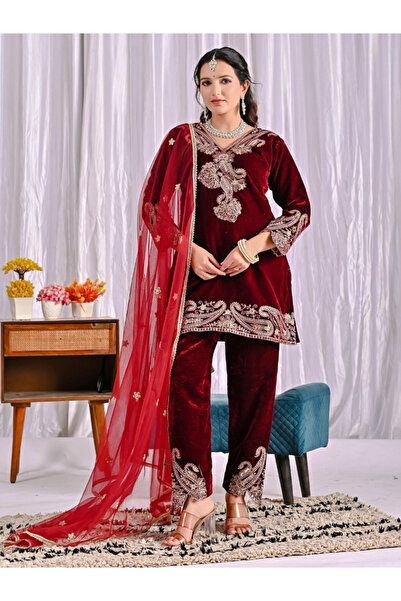 MYSMAR Maroon Viscose Velvet Salwar Kameez & Dupatta - HRT6123 | Maroon