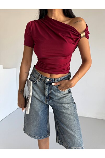 Aurenza Vellori Kadın Tek Omuz Drapeli Metal Aksesuarlı Likralı Bluz