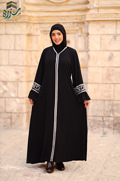 SIDRAALMONTAHA عباية موديل المنار اسود كريب سعودي مزودة بسحاب امامي