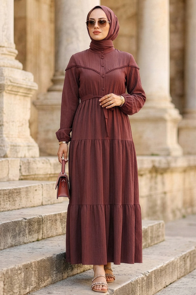 N.S NEVA STYLE Buttoned Brown Hijab Dress 10213Kh