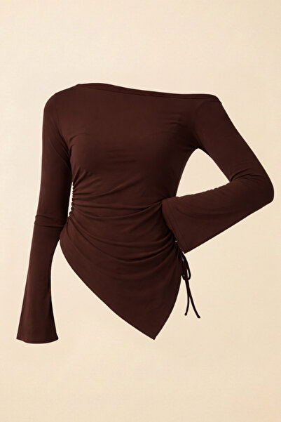 Potenza Women's Blouse One Shoulder Open Asymmetrical Side Gathered Long Slee...