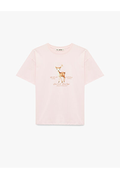 Koton Rahat Kalıp Kısa Kollu Bisiklet Yaka Geyik Baskılı Pamuklu Tişört