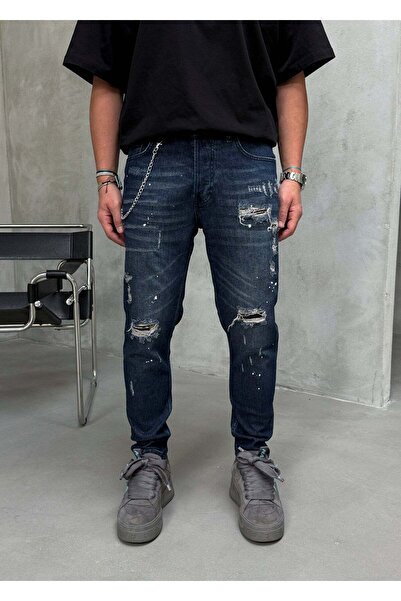 MODINI Slim fit jeans with chain, rips and splash effect (code 6867) - 32