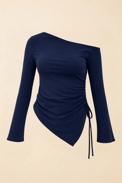 Potenza Women's Blouse One Shoulder Open Asymmetrical Side Gathered Long Slee...