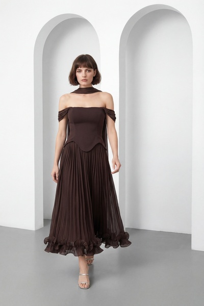 Lafaba Women's Brown Shawl Collar Skirt with Flounces at the Hem Midi Promise...