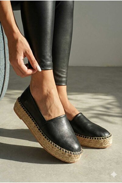 MOLY ESPADRİLLE Kadın Hakiki Deri Espadril Ayakkabı Hasır Taban – Siyah Taba ...