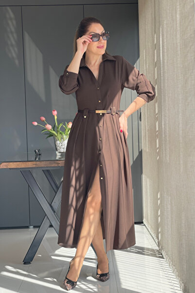 MİSLİNA BUTİK Kemer Detay Düğmeli Kahve Elbise