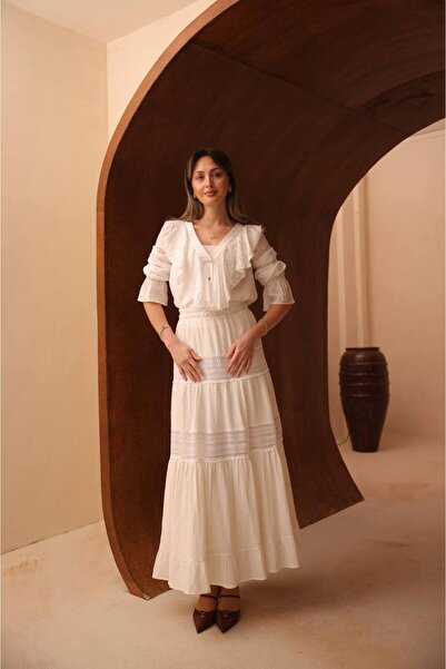 VOICTEC Women's Premium Quality Lined Muslin Skirt with Embroidery Detail