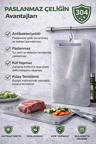 Kasel Home Paslanmaz Çelik Kesme Tahtası - 304 Kalite - 20x30 cm (1 adet)