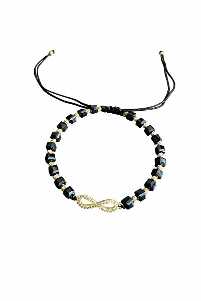 Handmade Adjustable infinity Gold bracelet with square gold and black balls