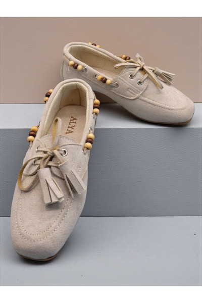 HFKY Women's Suede Ballerinas. Beaded Detailed Lace-Up Ballerinas