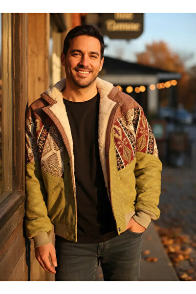 CANMODA (7842) Recien Unisex Fur Collar Vintage Aztec Jacket Oversize 90S Coa...