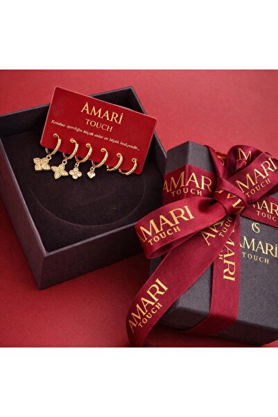 Amari Gold Yonca Taşlı Minimal 6'lı Küpe Set