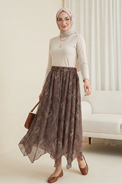 Modamorfo Етническа пола с еластична талия, подплатена, с асиметричен подгъв ...