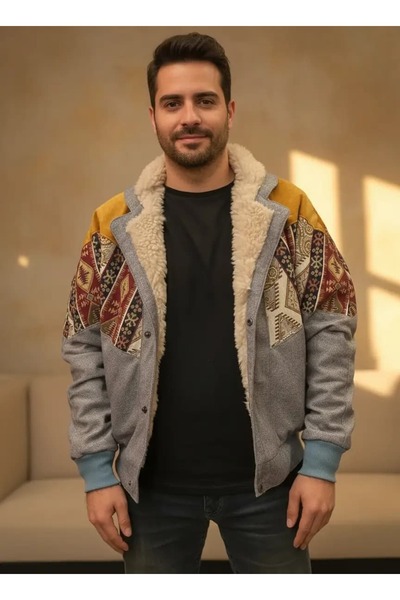 CANMODA (7843) Recien Unisex Fur Collar Vintage Aztec Jacket Oversize 90S Coa...