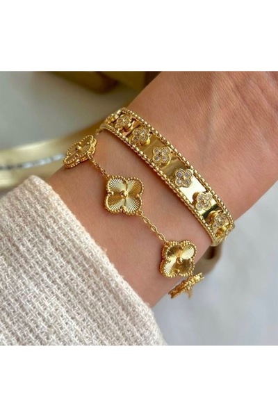 DELLS ACCESSORY سوار ذهبي مزدوج من طراز يونكا (سوار ذهبي بمشبك) مرصع بحجر الز...