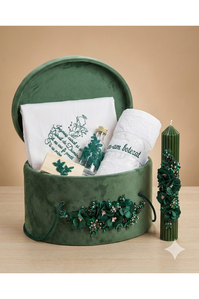 MASSIBEBE Trusou Botez Premium din Catifea Verde Smarald, Set Complet cu Lumâ...